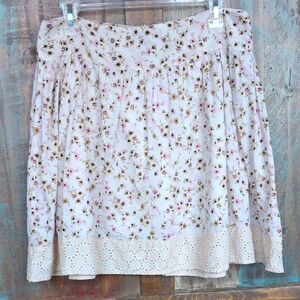Blue Asphalt Pink Floral Print Skirt Beige Eyelet Lace Hem - Women's Large
